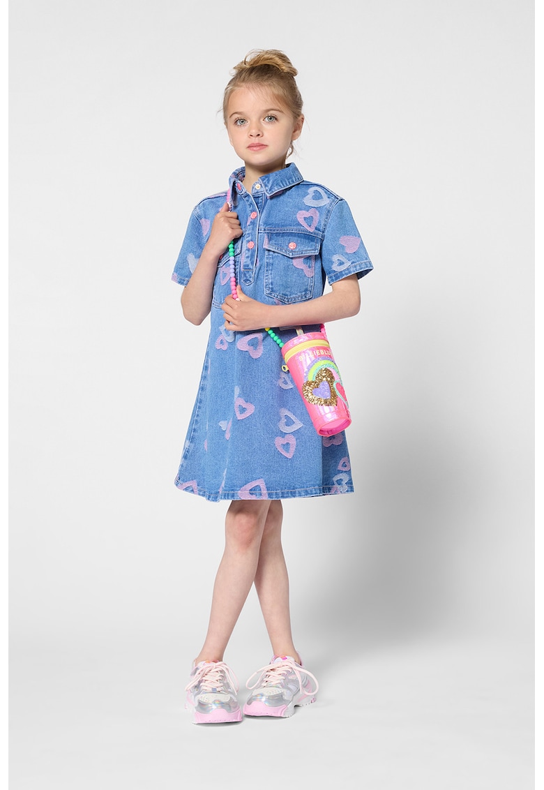 Rochie din denim cu inimi brodate - Albastru