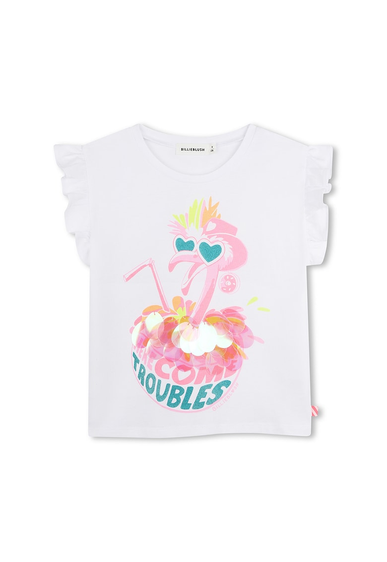 Tricou cu imprimeu si volane - fara maneci - Alb/Verde/Roz