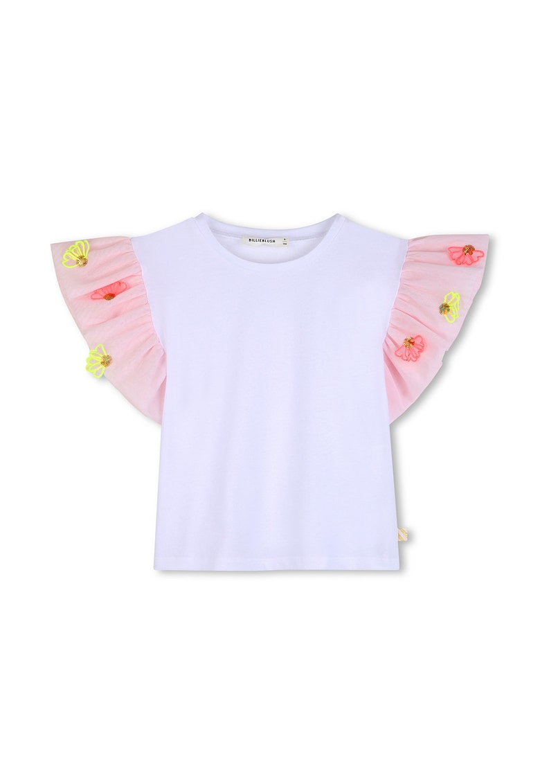 Tricou cu decolteu la baza gatului si maneci cu volane - Alb/Roz deschis