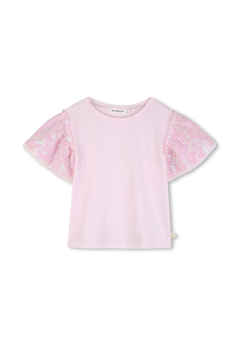 Tricou de bumbac cu maneci cu paiete - Roz pal