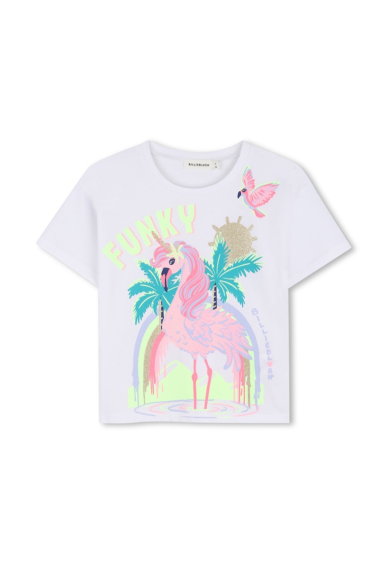 Tricou cu decolteu rotund si model grafic - Alb/Verde/Galben