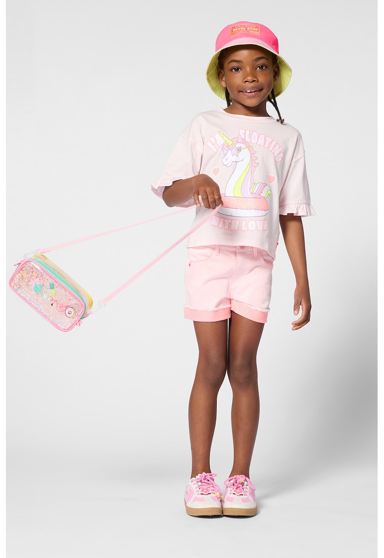 Tricou cu imprimeu cu unicorni si volan - Roz pastel