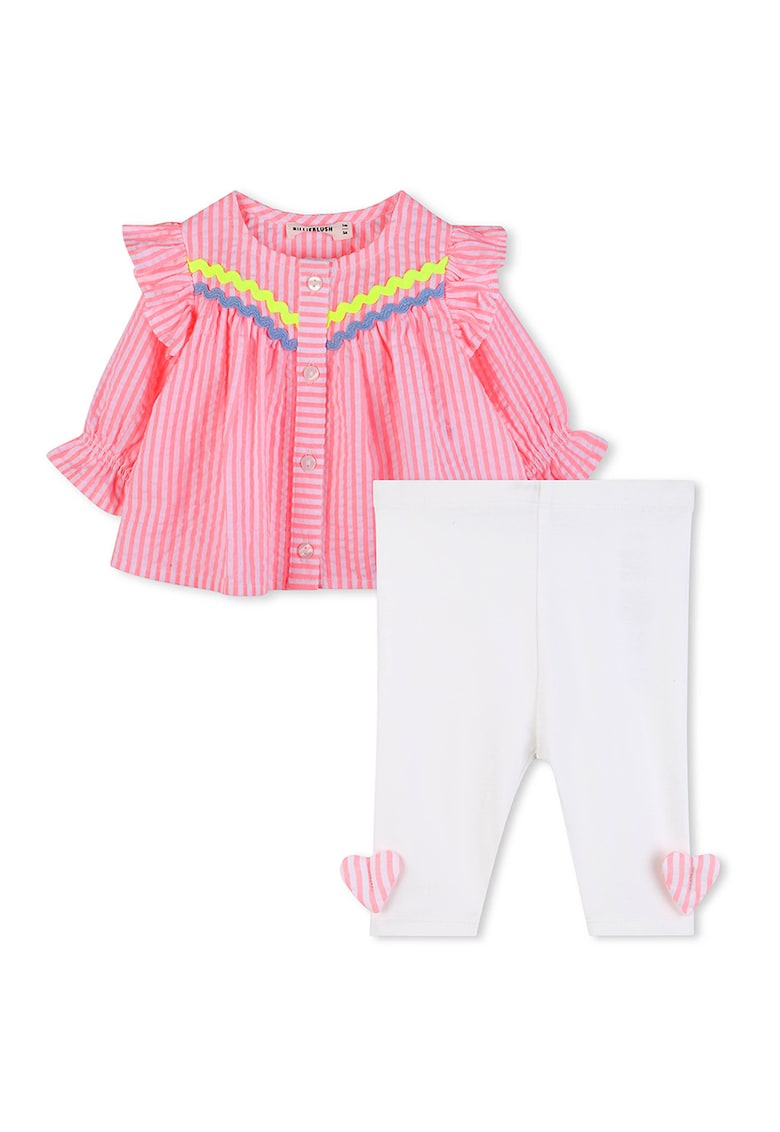 Set de camasa in dungi din amestec de bumbac si colanti - 2 piese - Alb/Roz