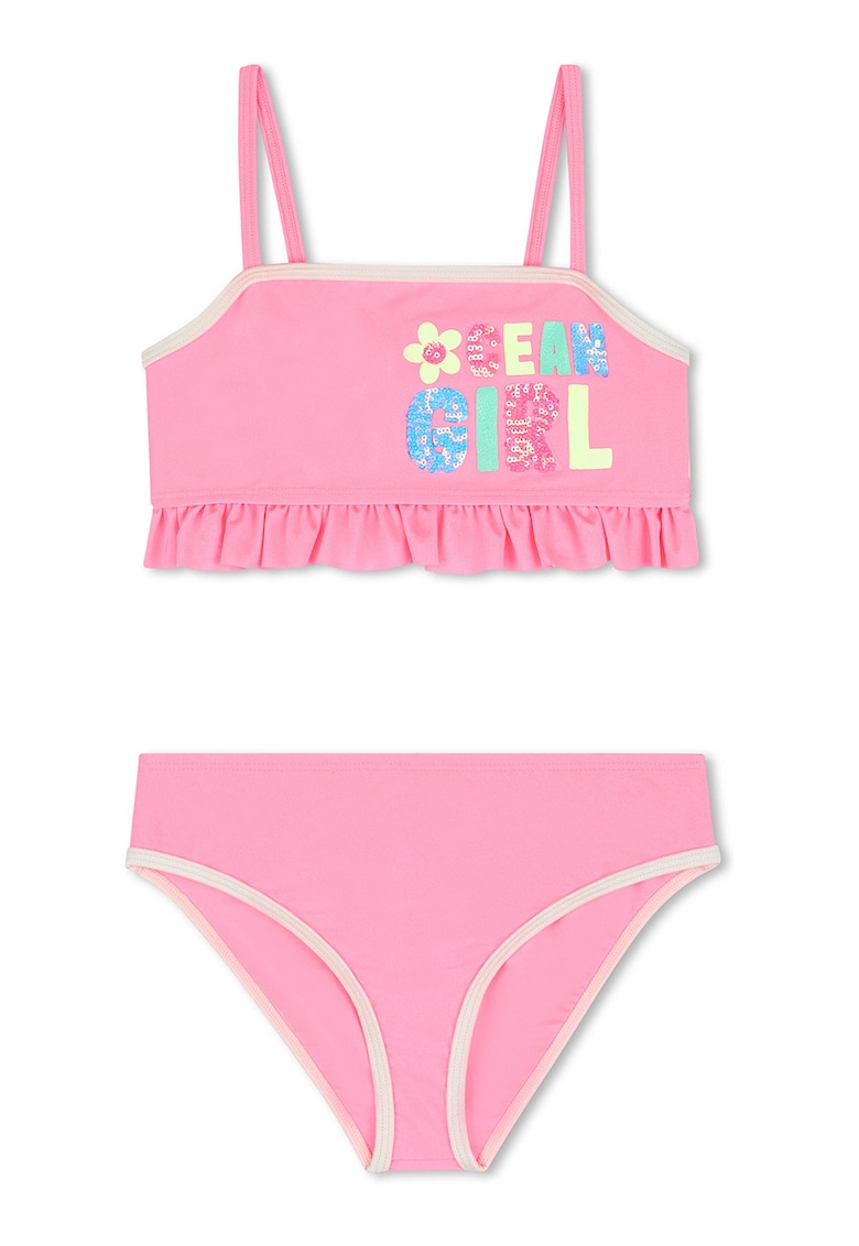 Costum de baie din doua piese cu garnitura cu volane - Galben/Roz
