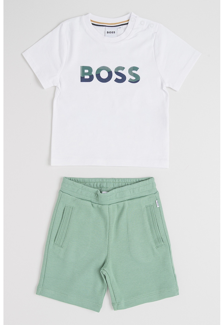 Set de bermude si tricou de bumbac - Verde pal/Alb optic