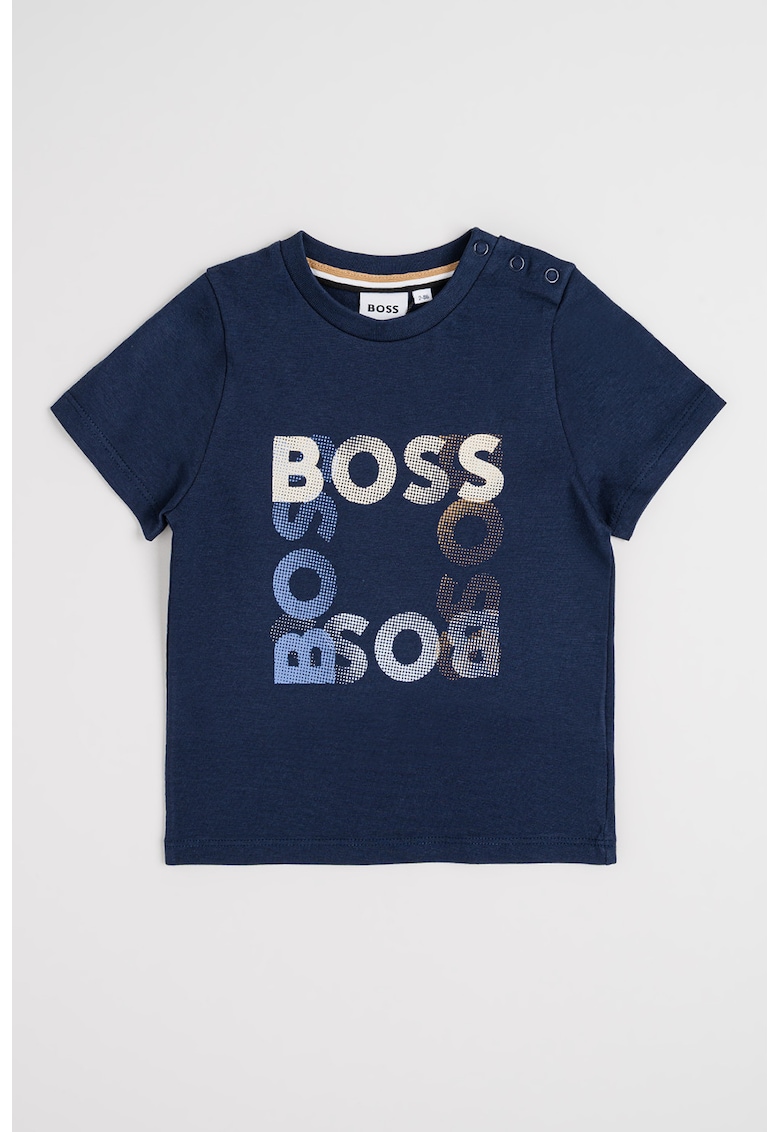 Tricou din bumbac cu imprimeu logo si detaliu cu capse - Kaki/Bleumarin