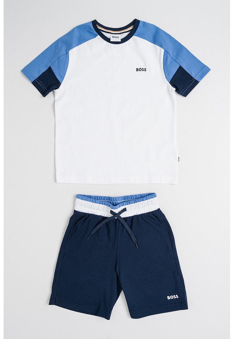 Set de bermude cu logo si tricou de bumbac - Alb/Bleumarin