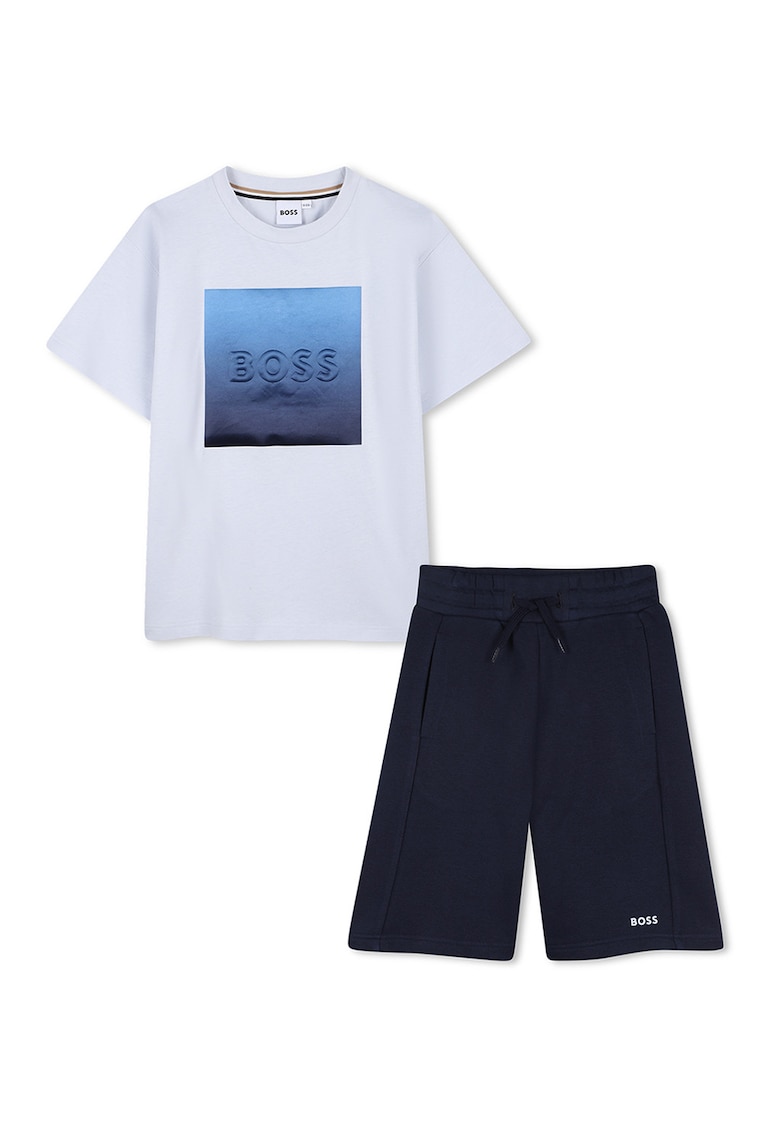 Set de tricou cu imprimeu si bermude evazate - Alb/Albastru ultramarin