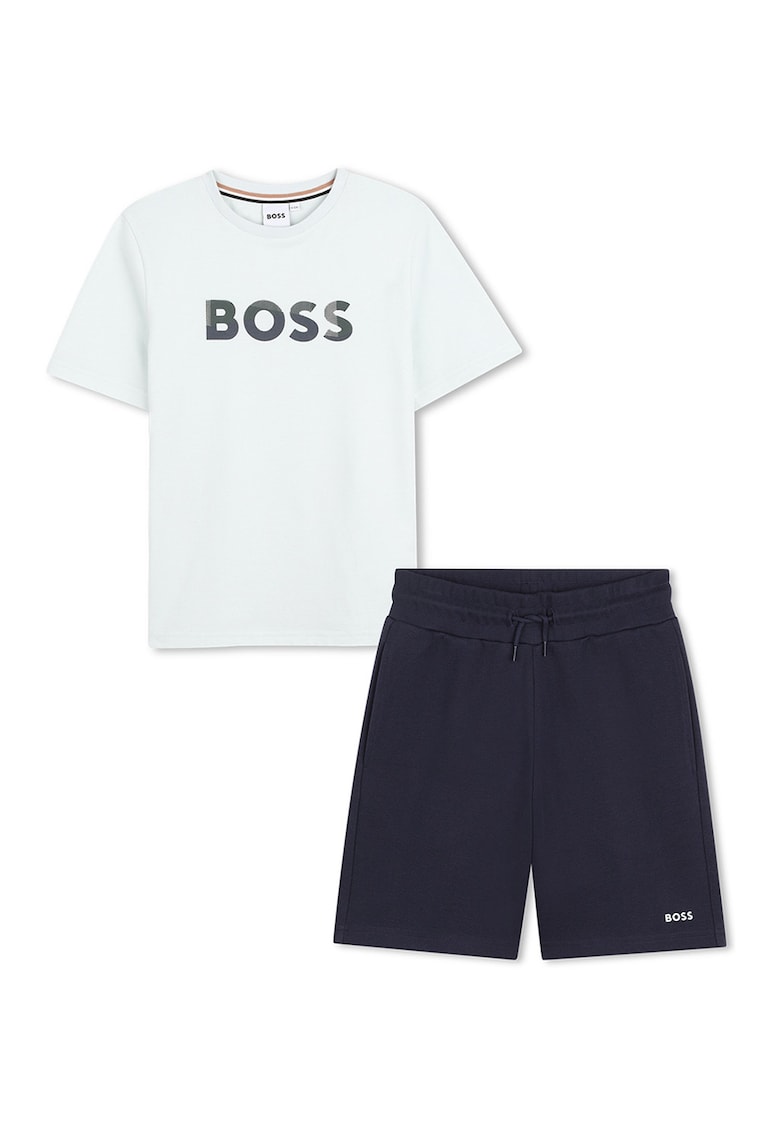 Set de tricou cu logo si pantaloni scurti cu snur - Albastru ultramarin/Verde pal