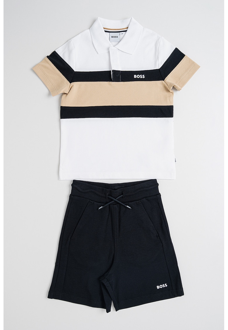 Set de tricou polo si pantaloni scurti cu snur - Alb/Negru