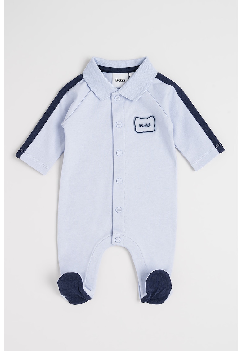 Salopeta de pijama din bumbac cu pantaloni lungi si botosei - Albastru deschis/Bleumarin