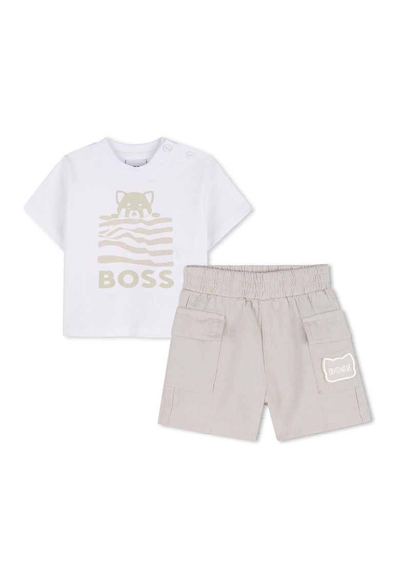 Set de tricou din amestec de in si pantaloni scurti - Alb/Maro nisip