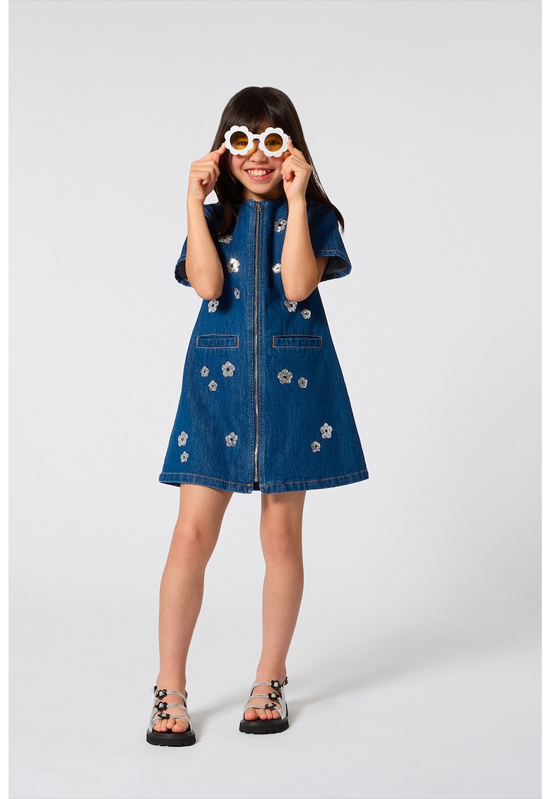 Rochie de denim cu fermoar si model floral de paiete - Albastru