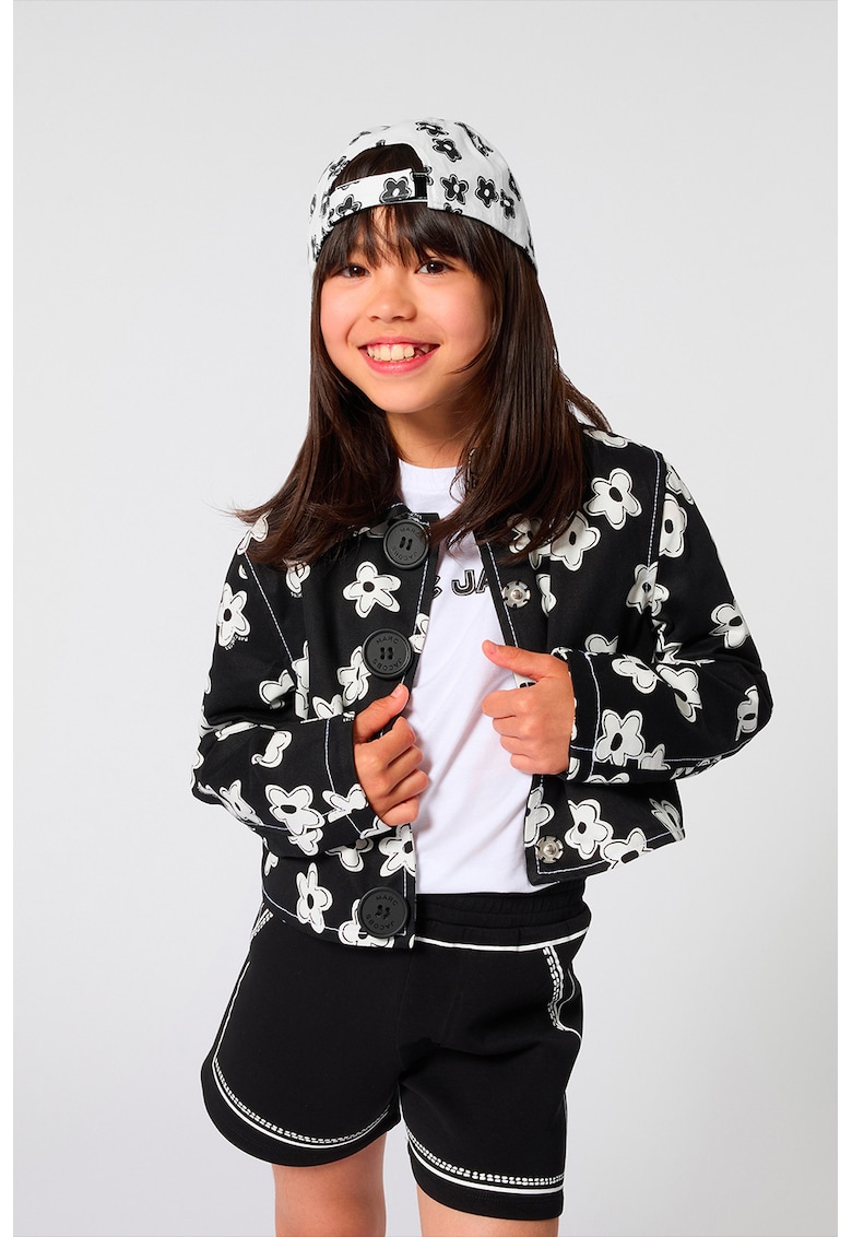 Tricou cu decolteu la baza gatului si detalii florale - Alb/Negru