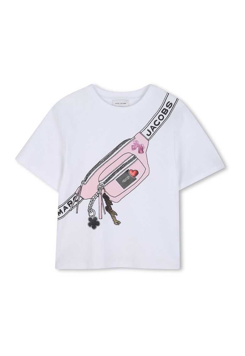 Tricou cu decolteu la baza gatului si model grafic - Alb/Negru/Roz pal