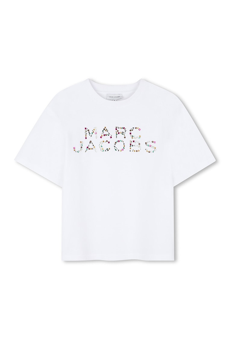 Tricou cu decolteu la baza gatului si logo in relief - Alb optic/Roz/Albastru