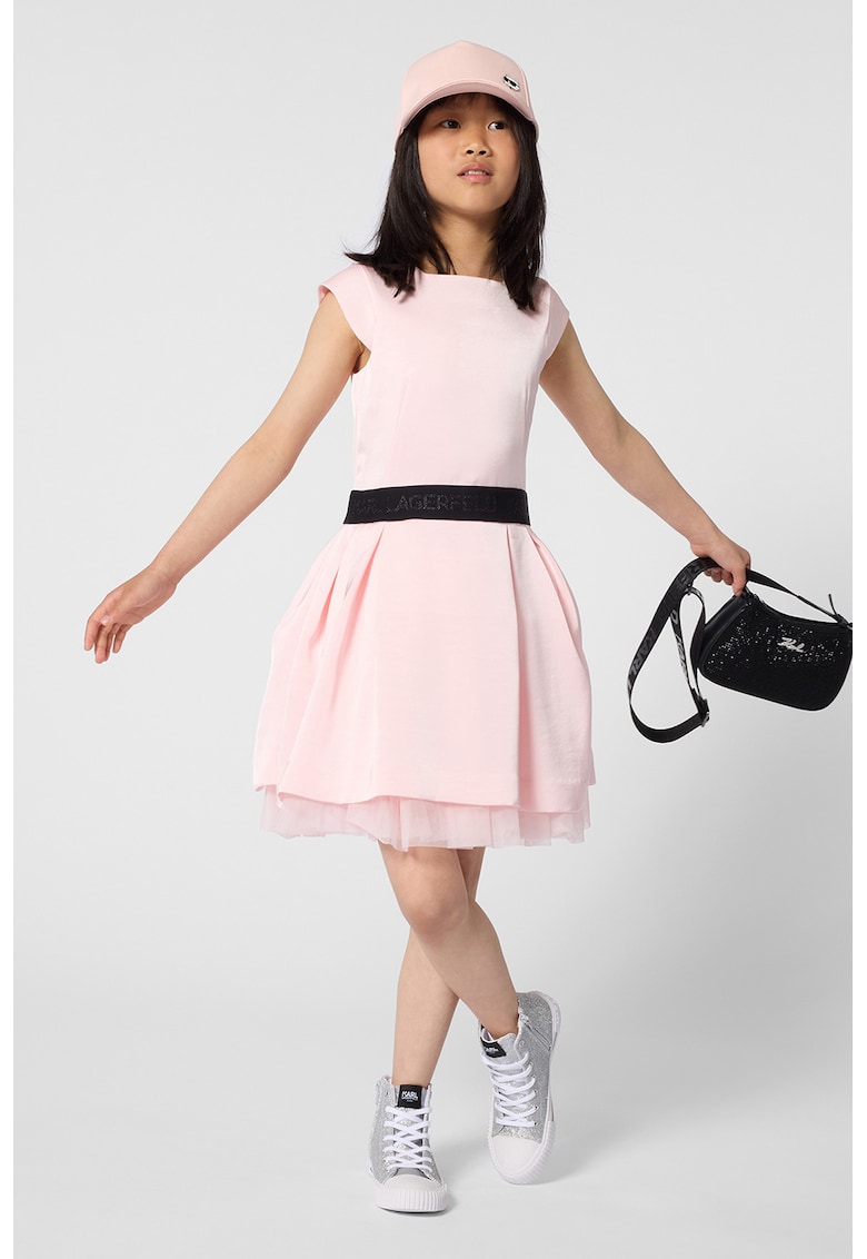 Rochie evazata cu maneci scurte - Negru/Roz pastel