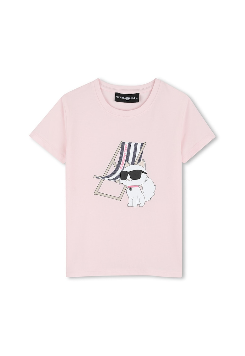 Tricou din amestec de bumbac cu decolteu la baza gatului si imprimeu logo - Roz pastel/Negru stins/Alb optic