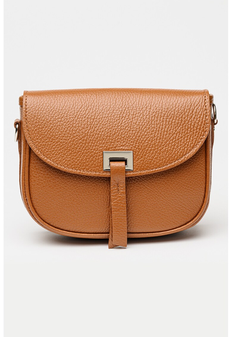Geanta crossbody din piele granulata cu clapa - Caramel