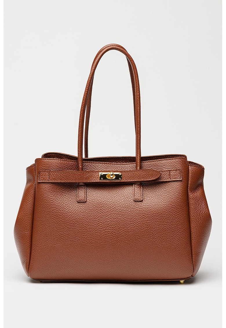 Geanta din piele cu bareta de umar si picioruse metalice - Maro cognac