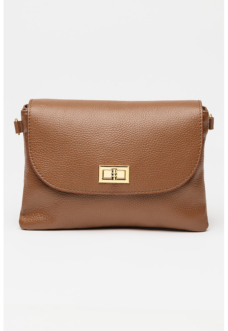 Geanta crossbody din piele cu clapa si bareta detasabila - Maro