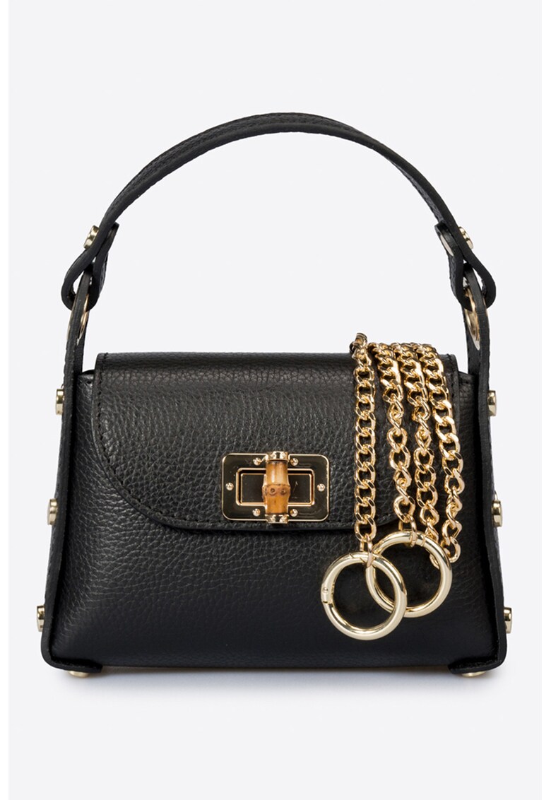 Geanta din piele cu maner - tinte si bareta detasabila din lant - Negru