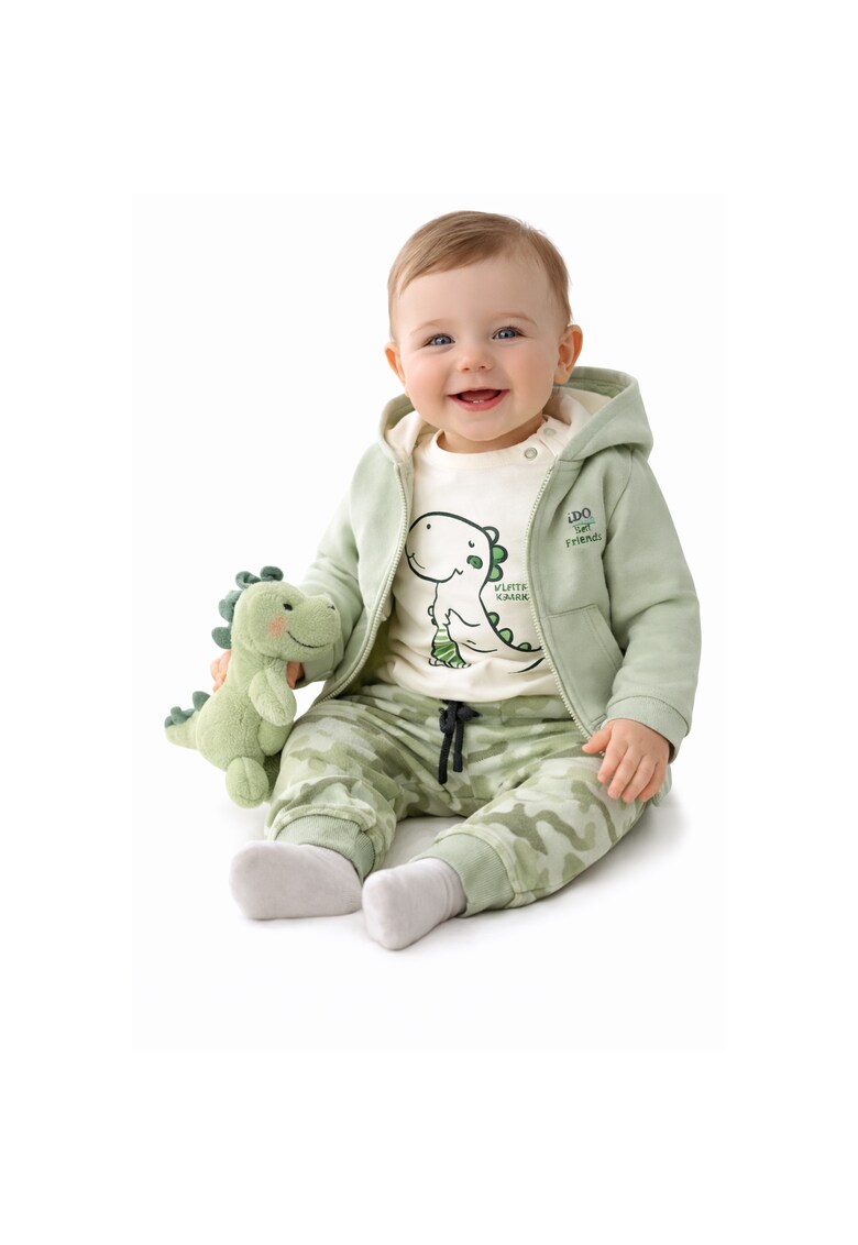 Trening Bebelusi iDO 3 Piese din Bumbac Hanorac cu Fermoar Tricou si Pantaloni Verde Alb