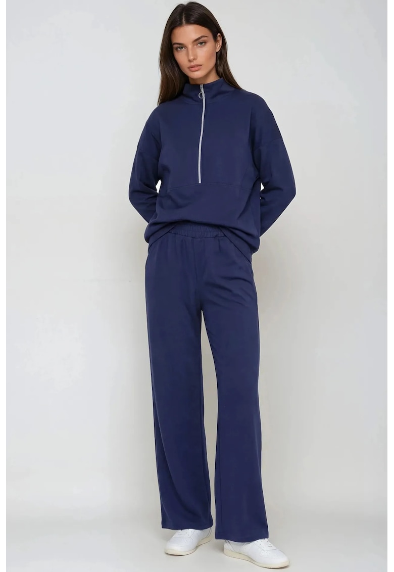 Costum dama - set cu pantaloni largi - guler cu fermoar - albastru marin -