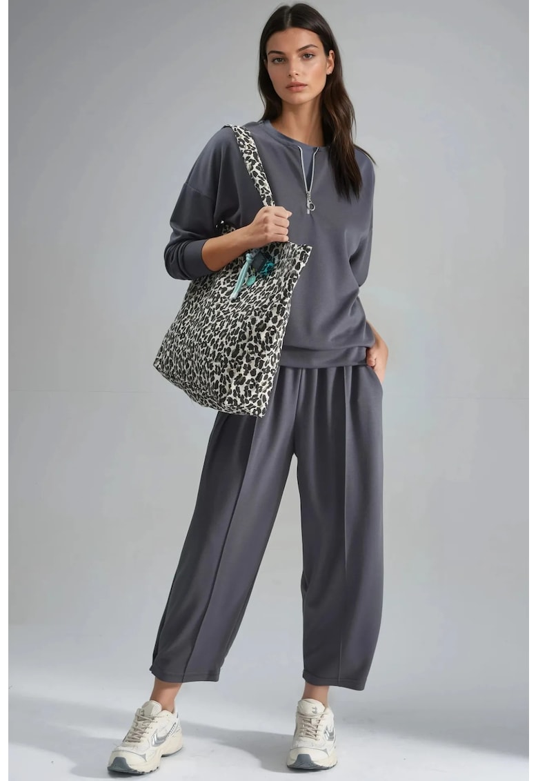 Set din doua piese - guler cu fermoar - pantaloni largi - gri - material tricotat