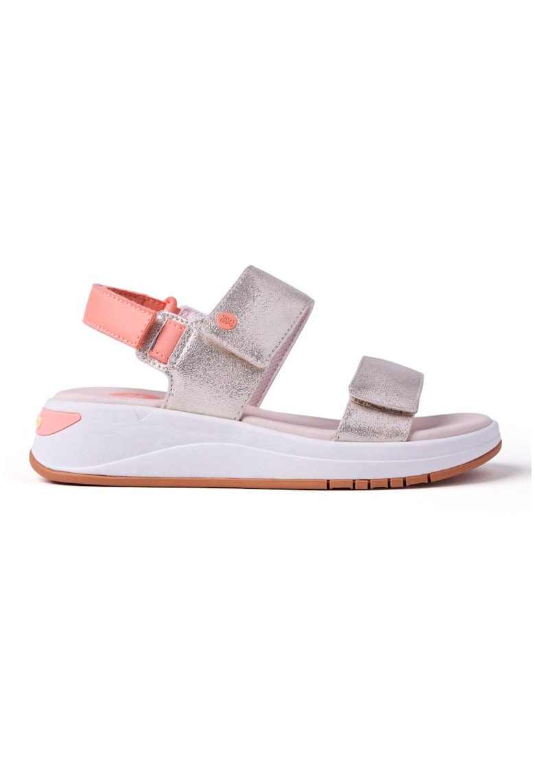 Sandale wedge de piele ecologica Shiny Sporty - Portocaliu/Argintiu