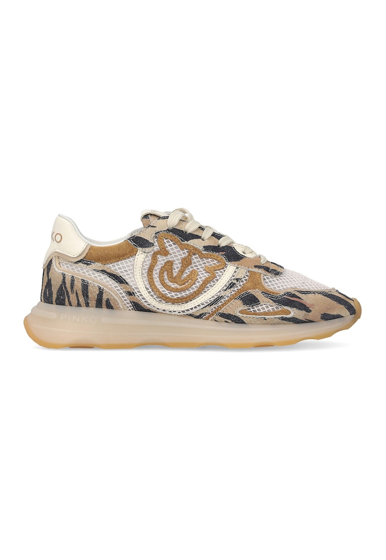 Pantofi sport din piele intoarsa si plasa cu animal print Zoe - Maro/Bej inchis
