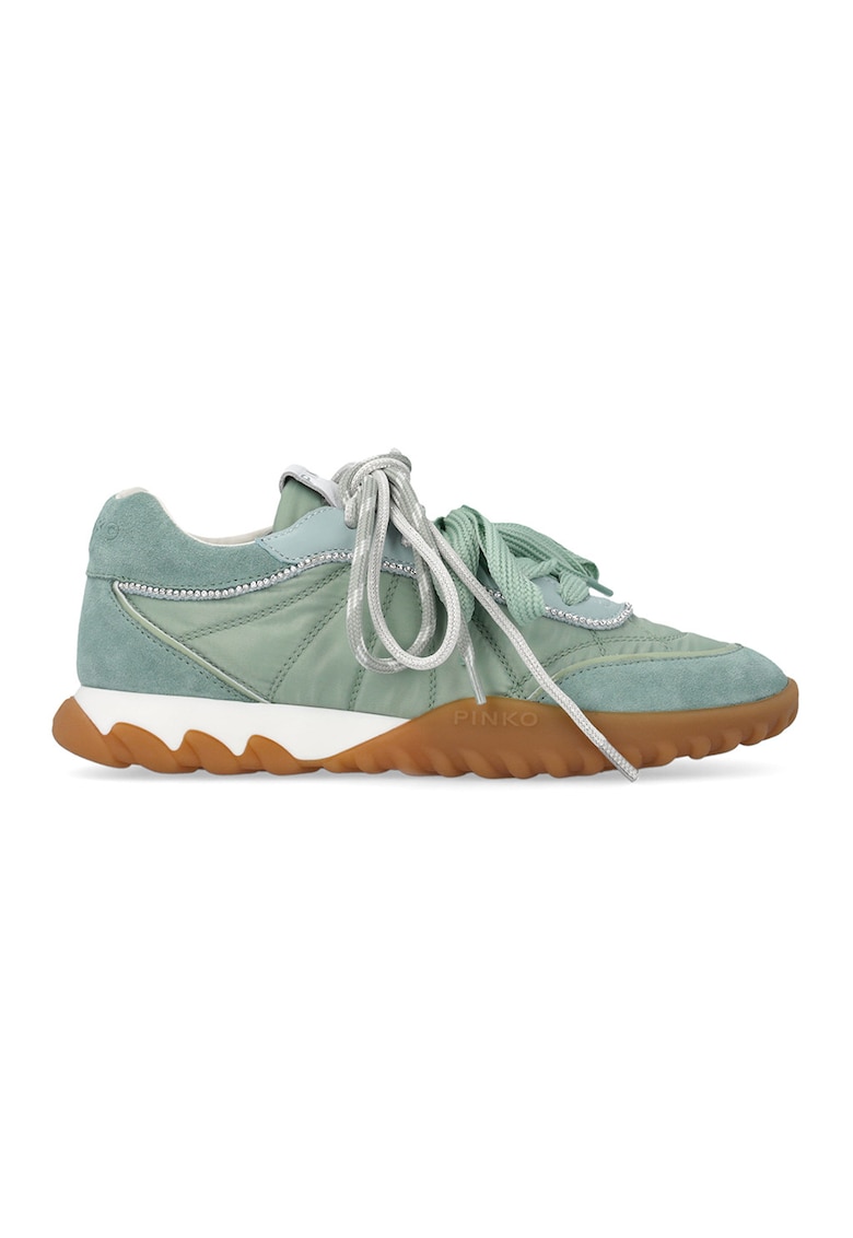 Pantofi sport din piele intoarsa si material textil cu strasuri Gea - Caramel/Alb murdar/Verde feriga