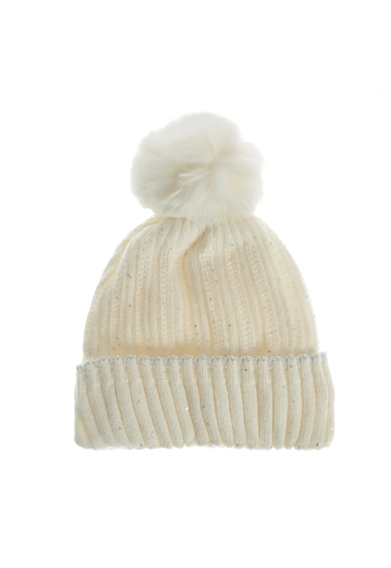 Caciula tricotata alba cu mot pufos
