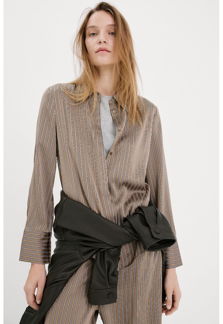 Camasa cu model in dungi si guler clasic - Alb/Maro camel