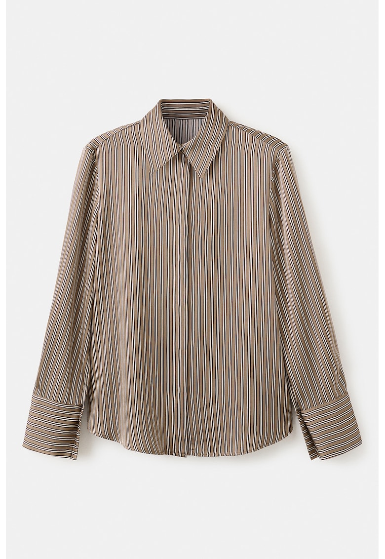 Camasa cu model in dungi si guler clasic - Alb/Maro camel