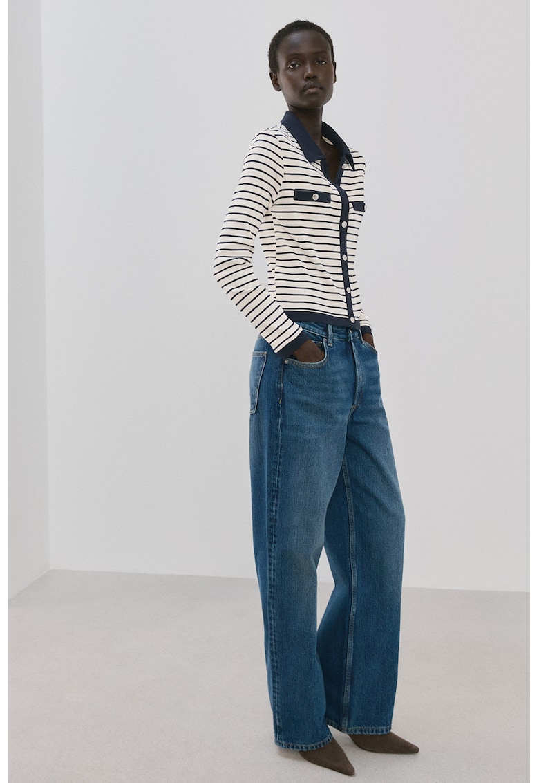 Cardigan cu guler polo si model in dungi - Alb/Bleumarin