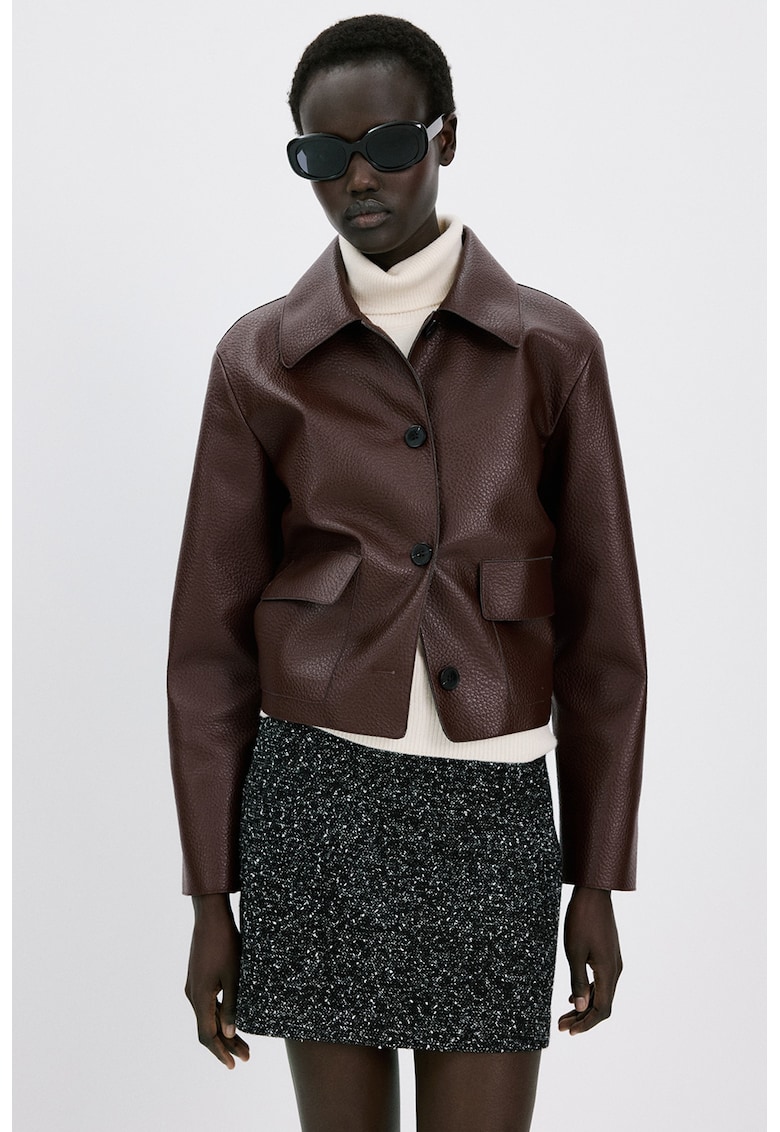 Jacheta din piele ecologica cu buzunare cu clapa - Visiniu