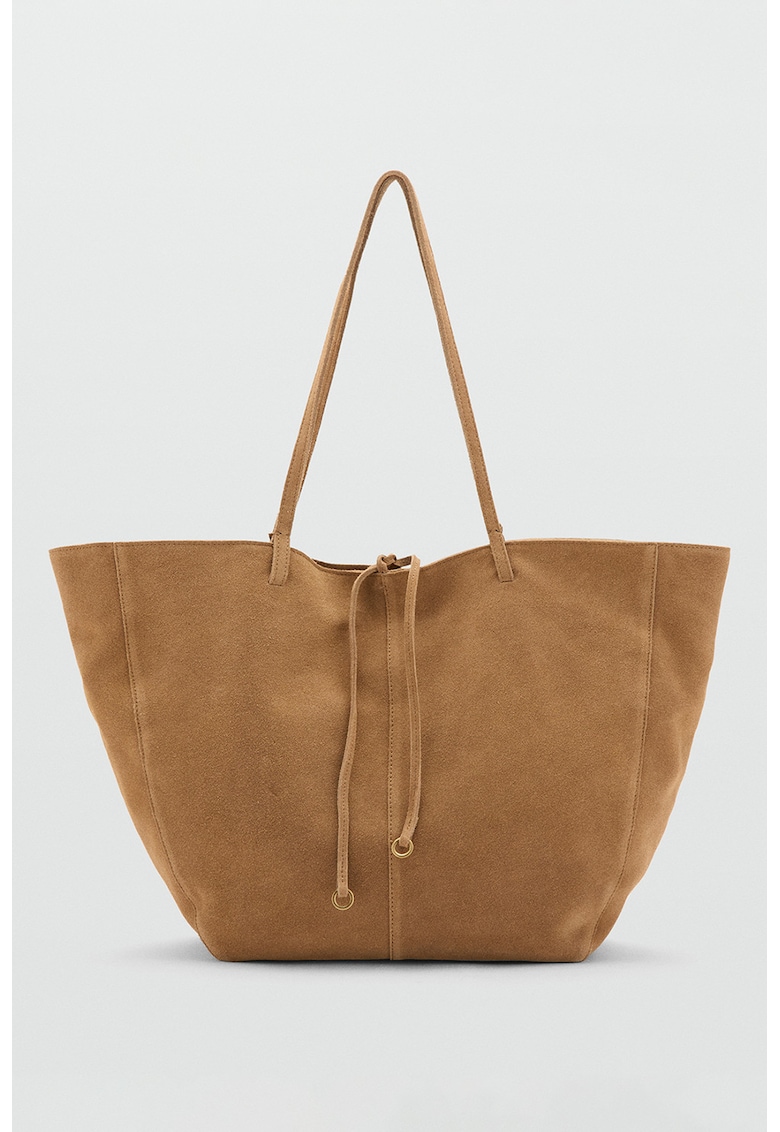 Geanta din piele intoarsa cu bareta de umar si model uni - Maro camel