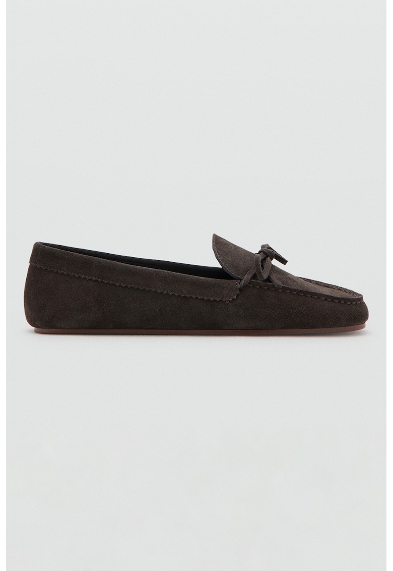 Pantofi loafer din piele intoarsa cu detaliu cu funda - Maro inchis