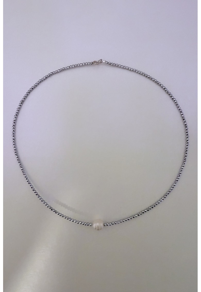 Colier cu perla de cultura si piatra Hematit - Argintiu