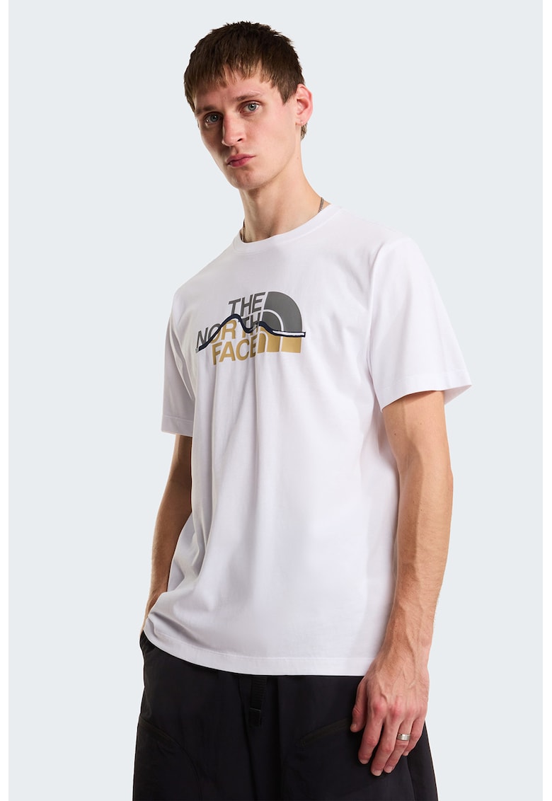 Tricou din bumbac Mountain Line - Alb/Gri inchis/Ocru