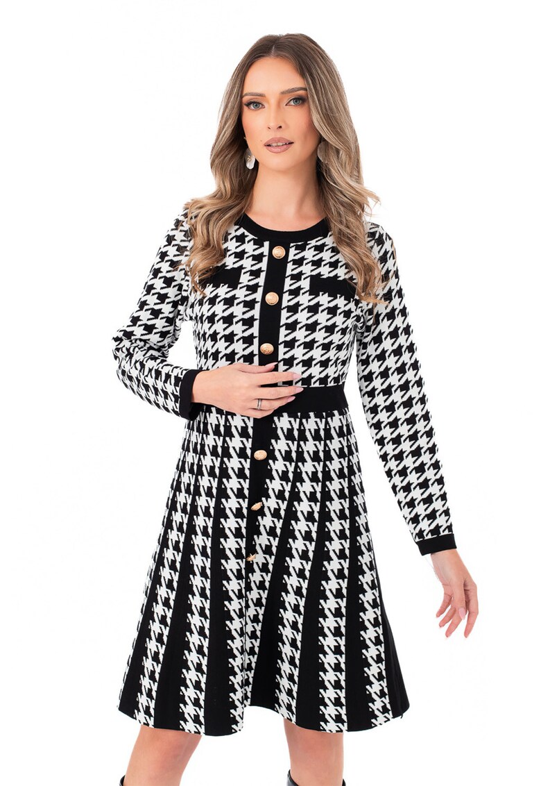 Rochie evazata tricotata cu model houdstooth - Alb/Negru
