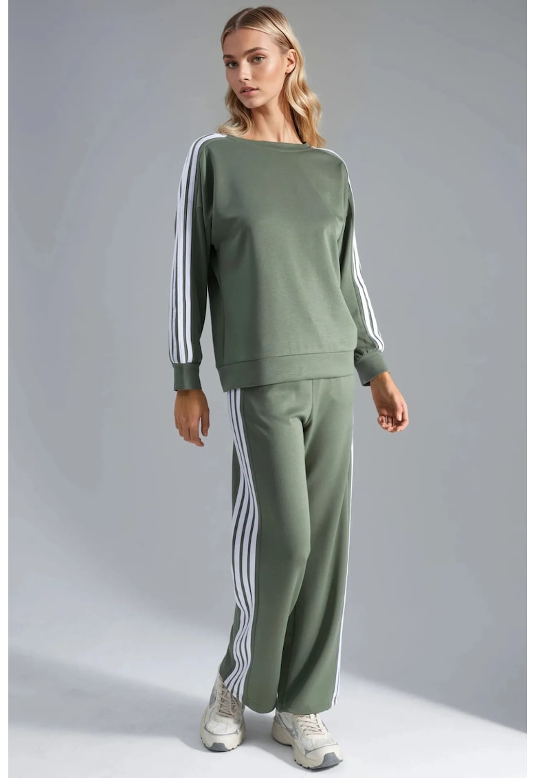 Set din doua piese - guler rotund - maneci lungi - dungi - verde olive - jerseu -