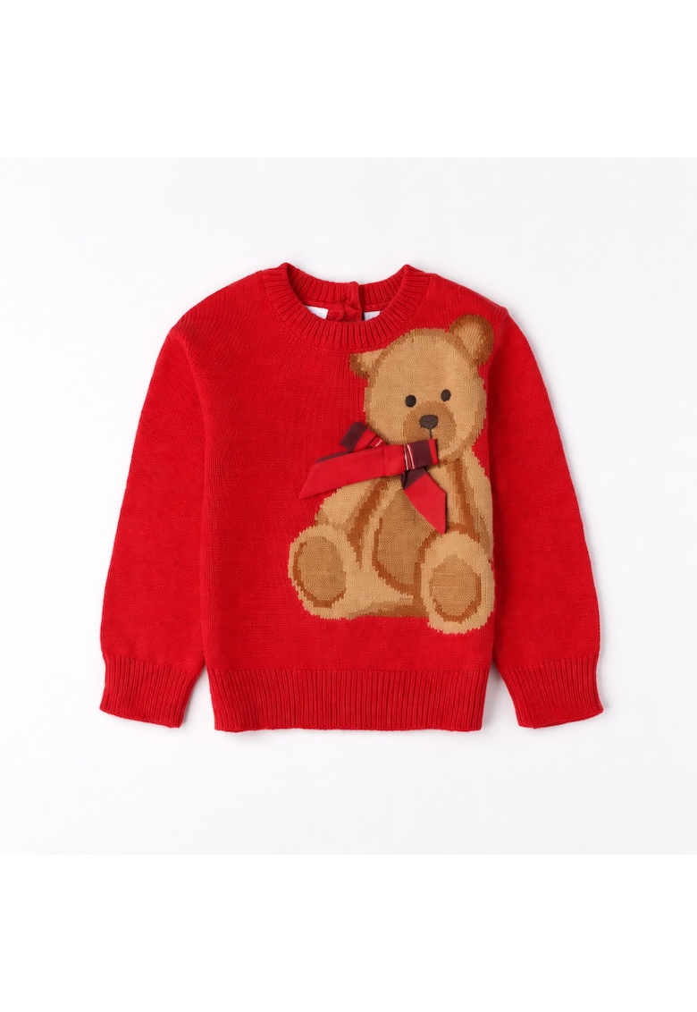 Pulover Copii iDO din Tricot cu Ursulet Aplicat pentru Fete si Baieti Rosu