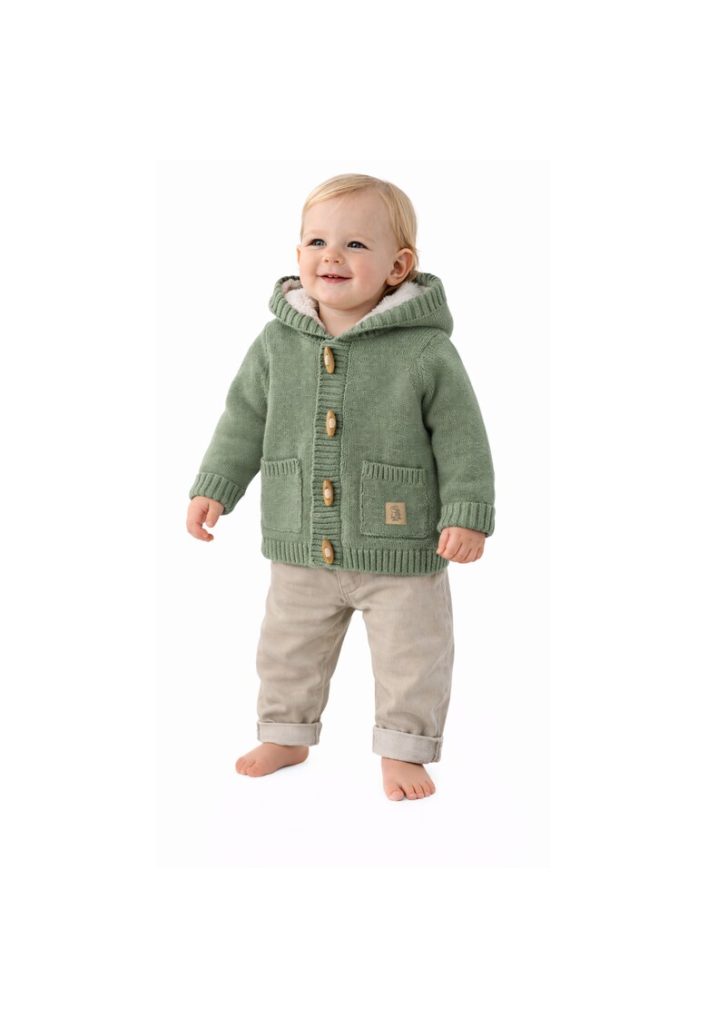 Cardigan bebelusi iDO cu gluga verde salvie din bumbac tricotat captusit