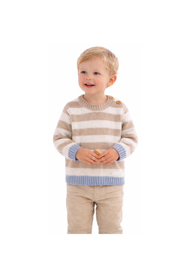 Pulover bebelusi din bumbac si lana tricot cu dungi si nasturi pe umar Bej Alb