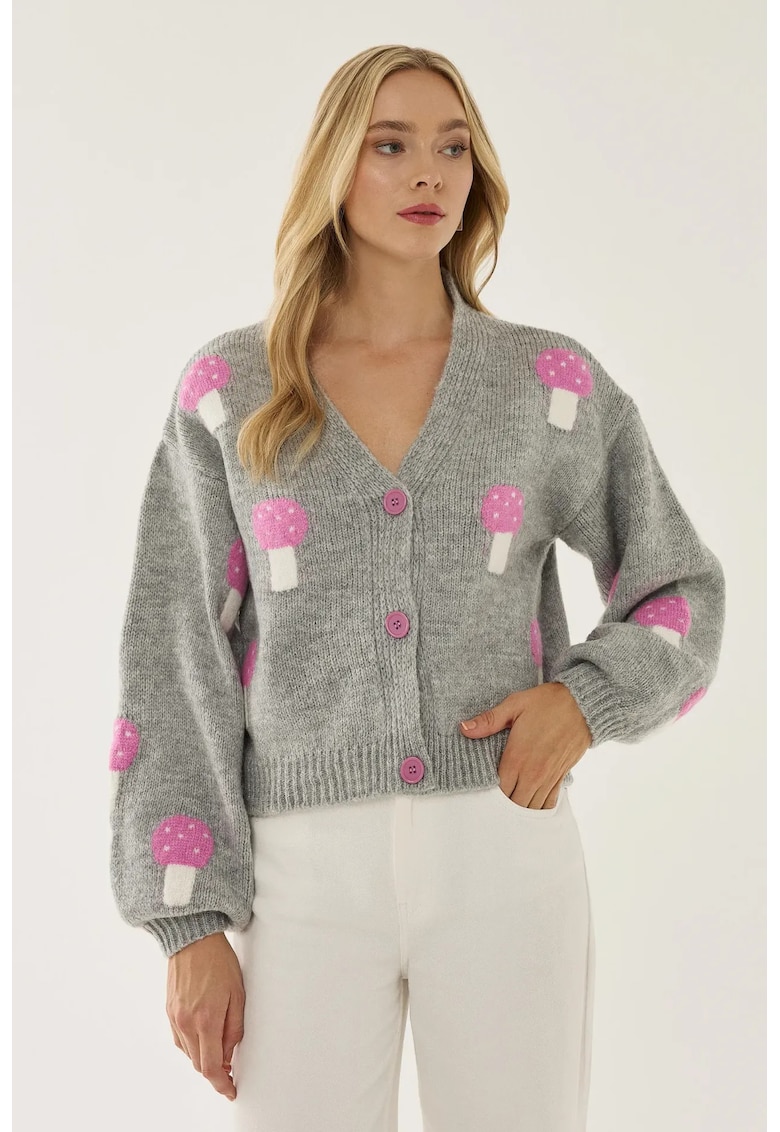 Cardigan femei - decolteu in V - gri - tricot - S -