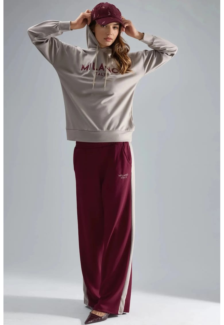 Set din Doua Piese - Hanorac cu Gluga - Pantaloni Largi - Rosu Burgundy - Tesatura Tricotata