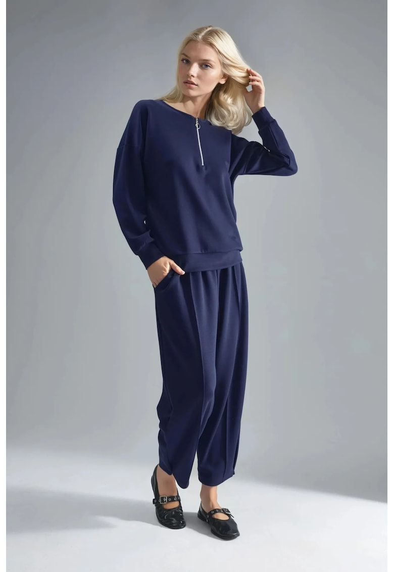 Set din doua piese - guler cu fermoar - pantaloni largi - bleumarin - tricotat