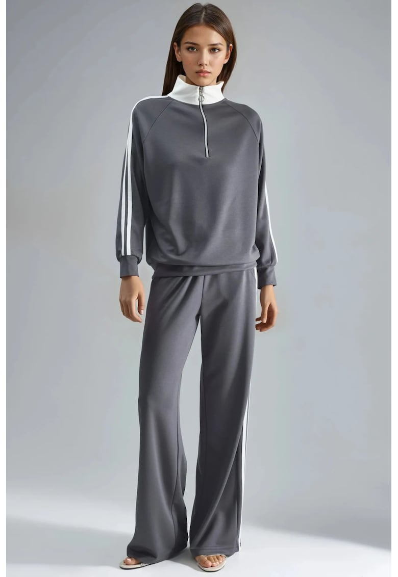 Set din doua piese - cu dungi - guler cu fermoar - gri - tesatura tricotata -